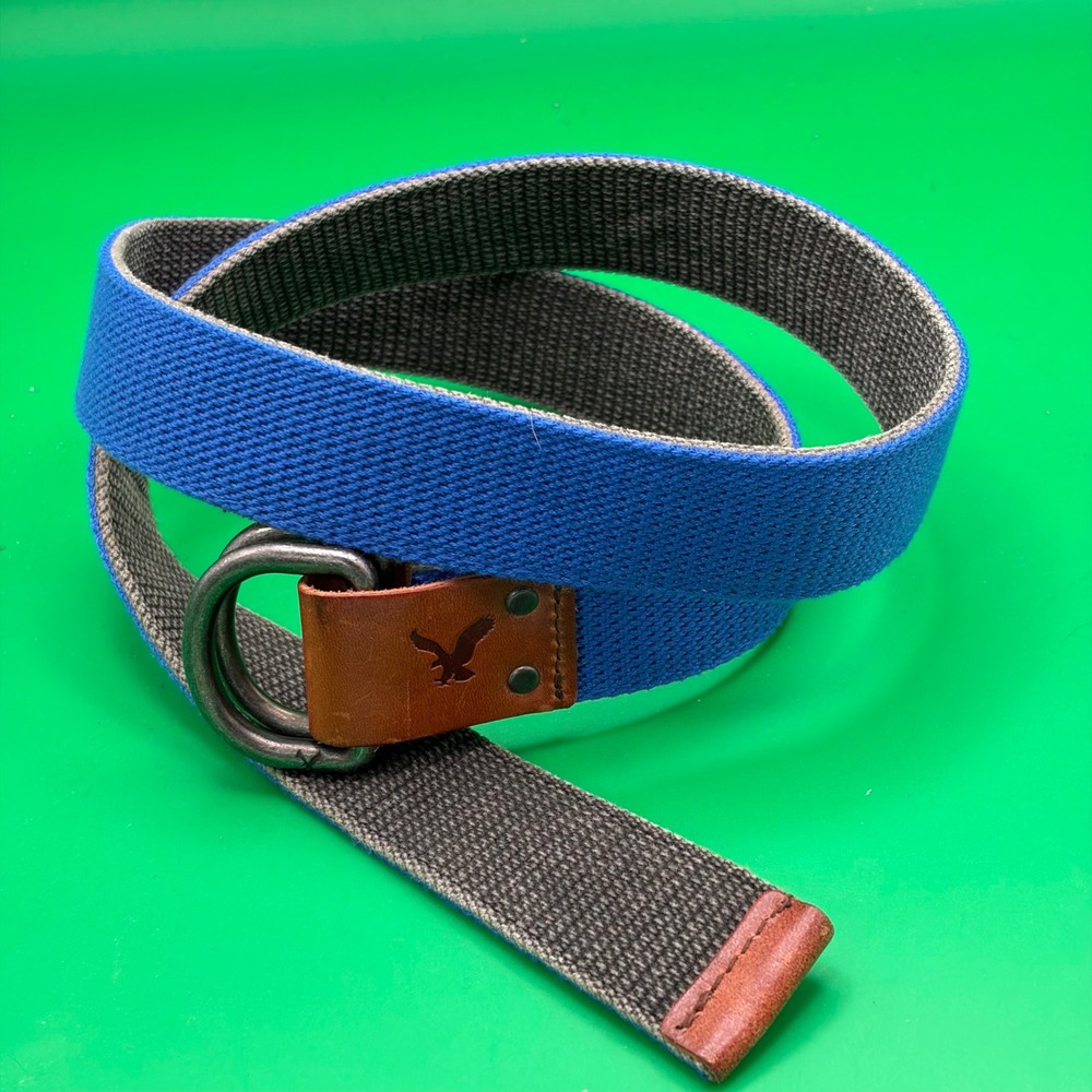 VTG Y2K American Eagle Reversible Canvas D-Ring Belt Mens Blue/Black Webbed AE